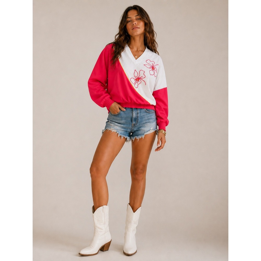 Vintage Neon Pink Floral Applique Blouson Top 80s Tropical New Wave L